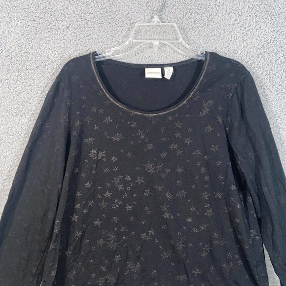 Chico's Zenergy Top Womens 2 Black Star All Over Scoop Neck Long Sleeve Casual - Picture 11 of 12